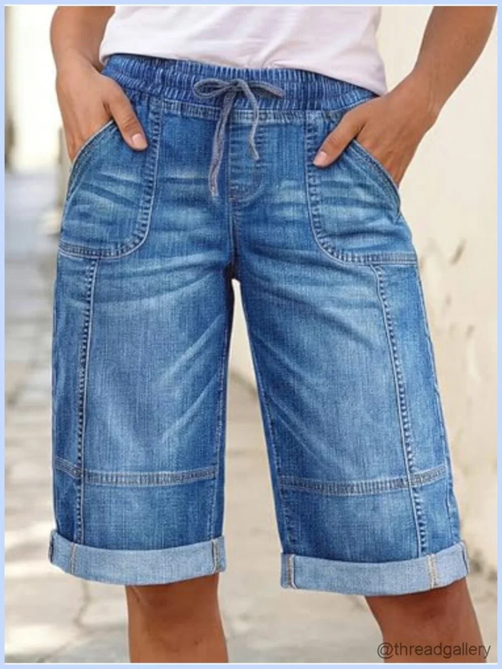 Mid Rise Straight Leg Bermuda Denim Shorts Drawstring Waist
